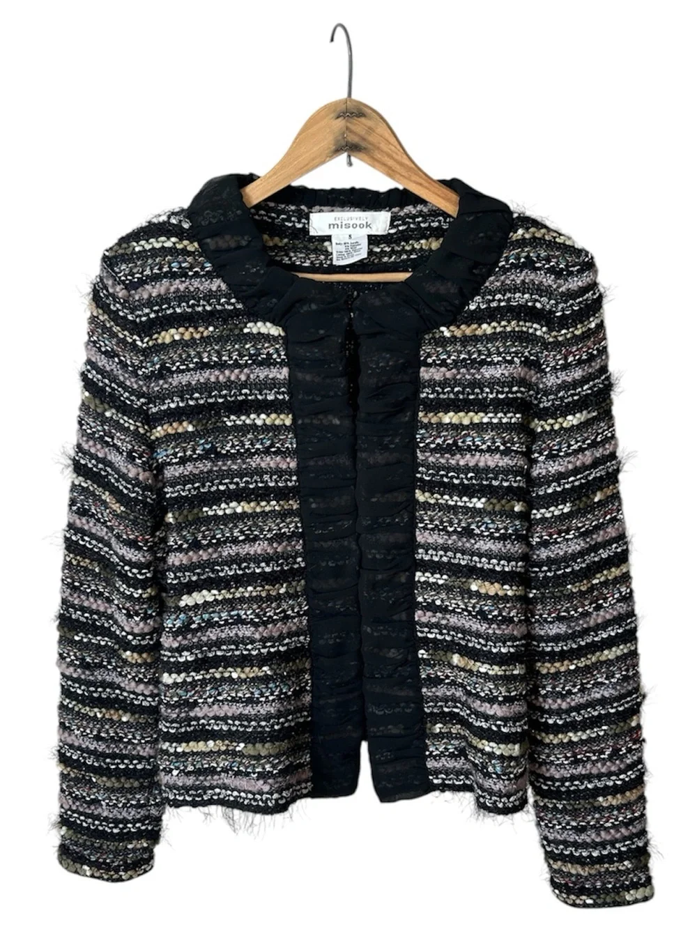 Misook | Women’s Black/Multi Knit Front Clasp Long Sleeve Collarless Blazer Sz S